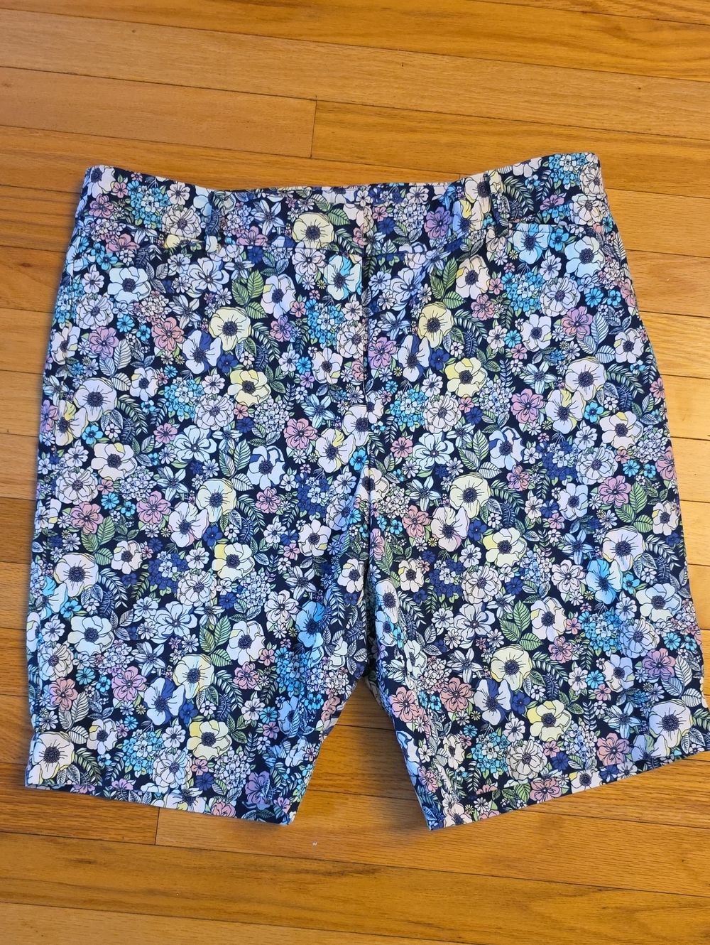 Floral Print Women's Shorts in Navy with Pastel Blooms